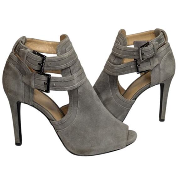 MICHAEL Michael Kors Women’s 6.5 Gray Blaze Open Toe Bootie ~ Suede Buckle-on - Picture 1 of 15